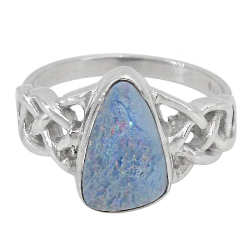 Textured edge ring-Sterling silver with rhodium, 14x9mm Australian opal stone ring with Celtic knot design, colour and size may vary.