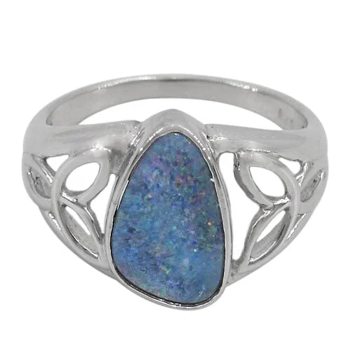 Wing-shaped ring-Sterling silver with rhodium, 15x9mm Australian opal stone ring with Celtic knot design, colour and size may vary.