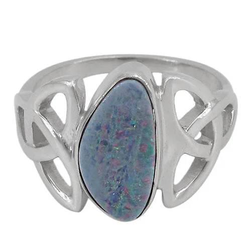 Smooth opal ring-Sterling silver with rhodium, 16x13mm Australian opal stone ring with Celtic knot design, colour and size may vary.