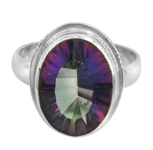 Sterling silver with rhodium, 16x13mm mystic quartz stone ring with 4mm width band.