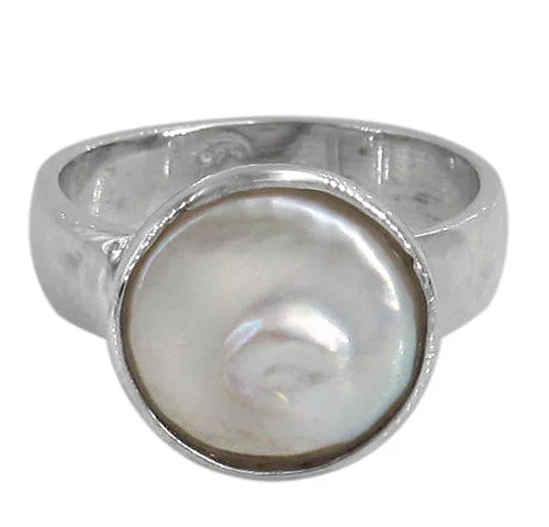 Etched design ring-Sterling silver with rhodium, 17mm pearl ring with 4mm band.