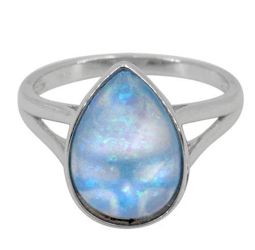 Heart-cut ring-Sterling silver with rhodium, 17x11mm emulated opal stone ring with 2mm band.