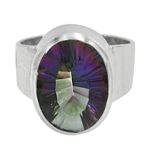 Convex ring-Sterling silver with rhodium, 18x14mm mystic quartz stone ring with 5mm width band.