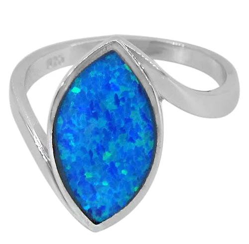 Simple aquamarine ring-Sterling silver with rhodium, 19x10mm marquise shape emulated opal stone ring with 2mm band.