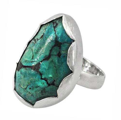 Starburst ring-Sterling silver with rhodium, 26x17mm turquoise stone ring with 4mm band.