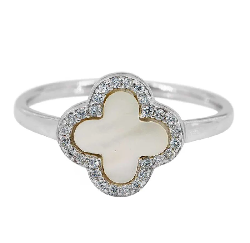 Polished stone ring-Sterling silver with rhodium, 4 leaf clover ring with 2mm band, 11mm width