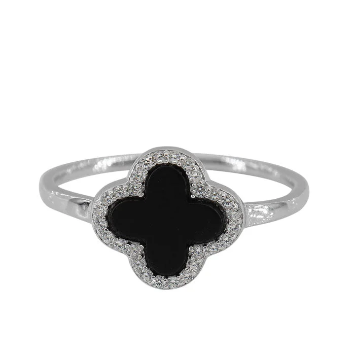 Ripple effect ring-Sterling silver with rhodium, 4 leaf clover ring with cubic zirconia, 11mm diameter, 1mm band