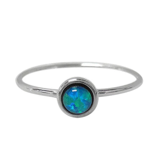 Ripple effect ring-Sterling silver with rhodium, 4mm emulated opal stone ring.