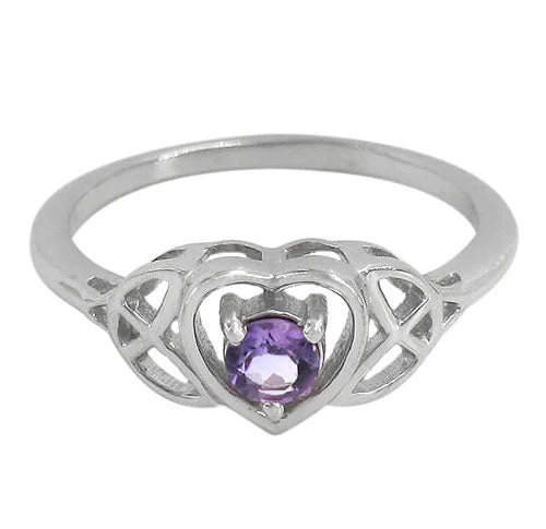 Open-heart ring-Sterling silver with rhodium, 4mm stone ring with Celtic knot design, 4mm diameter.