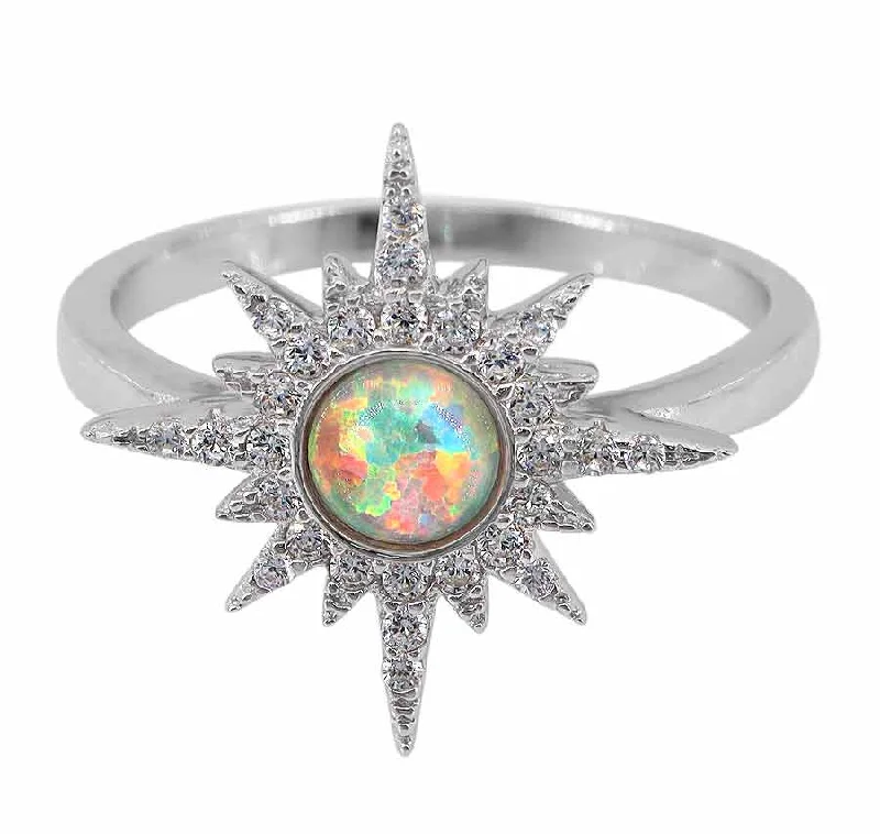 Hammered finish ring-Sterling silver with rhodium, 5mm emulated opal ring with cubic zirconia, 17mm width