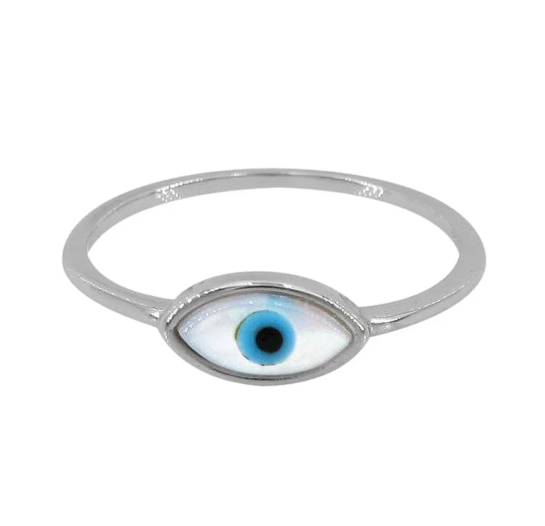 Crisscross ring-Sterling silver with rhodium, 5x10mm evil eye ring with 1mm band