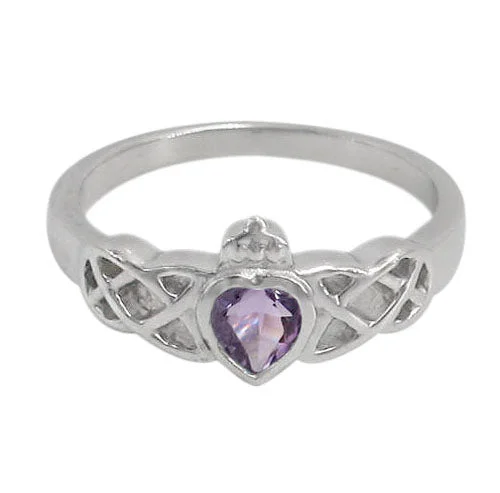 Scalloped edge ring-Sterling silver with rhodium, 6x6mm heart stone ring with Celtic knot design.