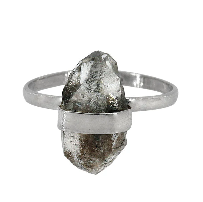 Modern peridot ring-Sterling silver with rhodium, 6x9mm rough rutilated quartz ring, 2mm band