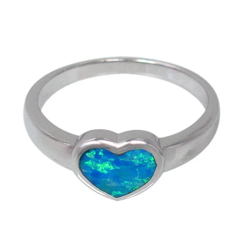 Satin gold ring-Sterling silver with rhodium, 7.5mm heart ring with emulated opal stone.