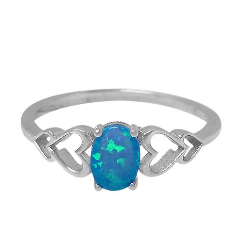 Classic solitaire ring-Sterling silver with rhodium, 7x5mm emulated opal stone ring with heart  design.