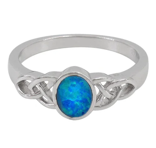 Colorful enamel ring-Sterling silver with rhodium, 8x6mm emulated opal stone ring with Celtic knot design.