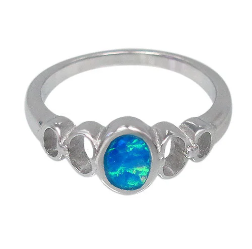 Domed gem ring-Sterling silver with rhodium, 8x6mm emulated opal stone ring.