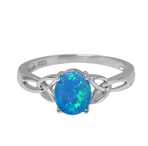 Sapphire halo ring-Sterling silver with rhodium, 8x7mm emulated opal stone ring with Celtic knot design.