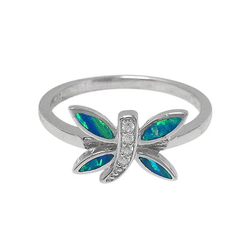 Baguette diamond ring-Sterling silver with rhodium, 9x7mm dragonfly ring with emulated opal stone and cubic zirconia.