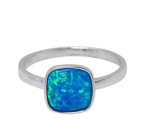 Curved wedding ring-Sterling silver with rhodium, 9x9mm emulated opal stone ring.