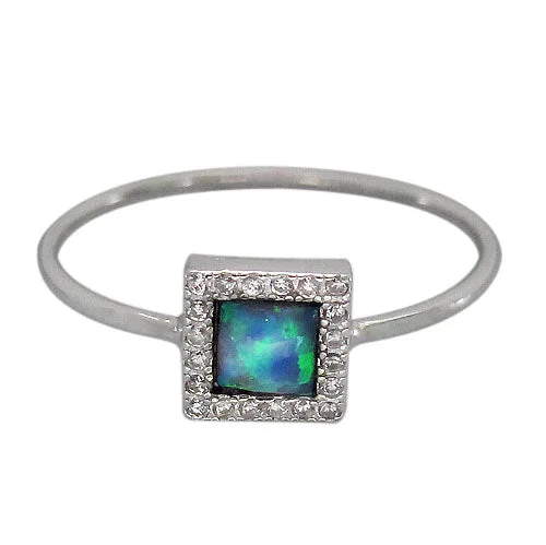 Minimalist pearl ring-Sterling silver with rhodium, emulated opal stone and cubic zirconia ring, 3.5mm width.