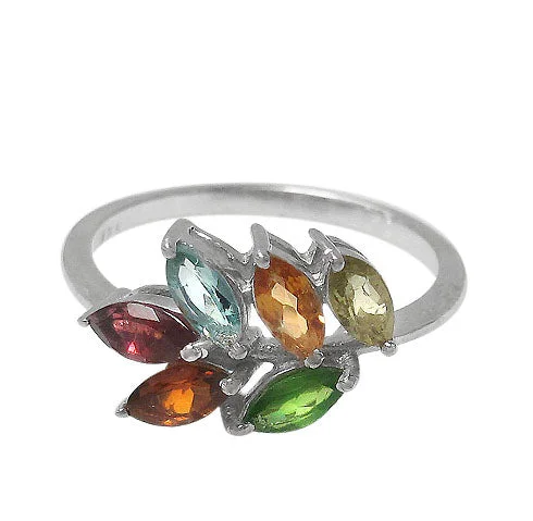 Etched design ring-Sterling silver with rhodium, multi stone leaf ring, 7x3mm width.