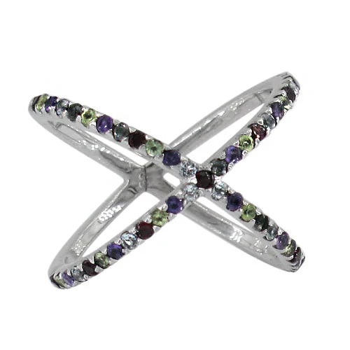 Lightweight silver ring-Sterling silver with rhodium, multi stone ring, 17mm width.