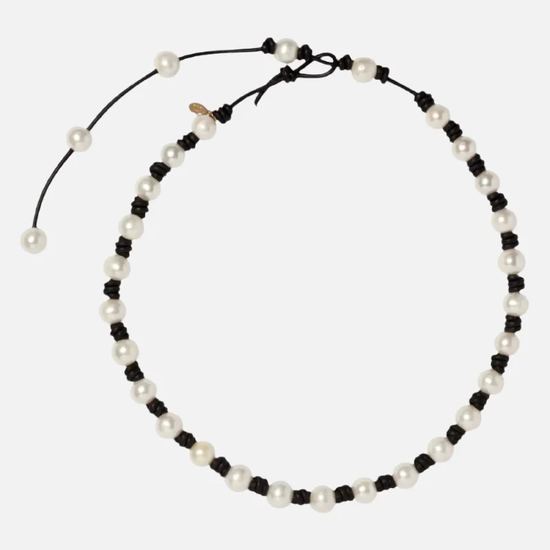 Leafy vine necklace-The Classic Knotted Pearl and Leather Necklace with Tail