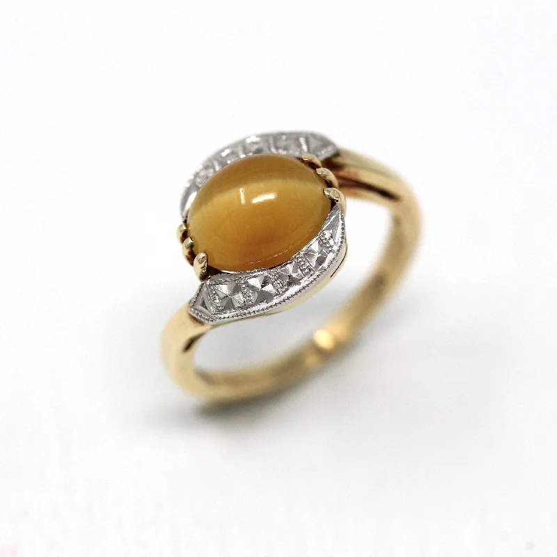 Hand-carved ring-Tiger's Eye Ring - Retro 10k Yellow & White Gold 1.92 Ct Genuine Brown Gem - Vintage Circa 1940s Era Size 4 1/2 Cabochon Bypass Fine Jewelry