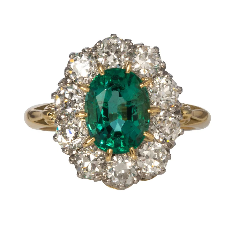 Split-band ring-Victorian Style 1.99ct Emerald & Diamond Cluster Engagement Ring