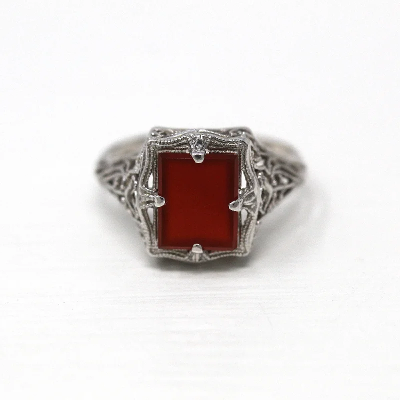 Rustic hammered ring-Vintage Carnelian Ring - Antique 14k White Gold Filigree Red Orange Gemstone - Art Deco Circa 1920s Era Size 5.25 Solitaire Fine Jewelry