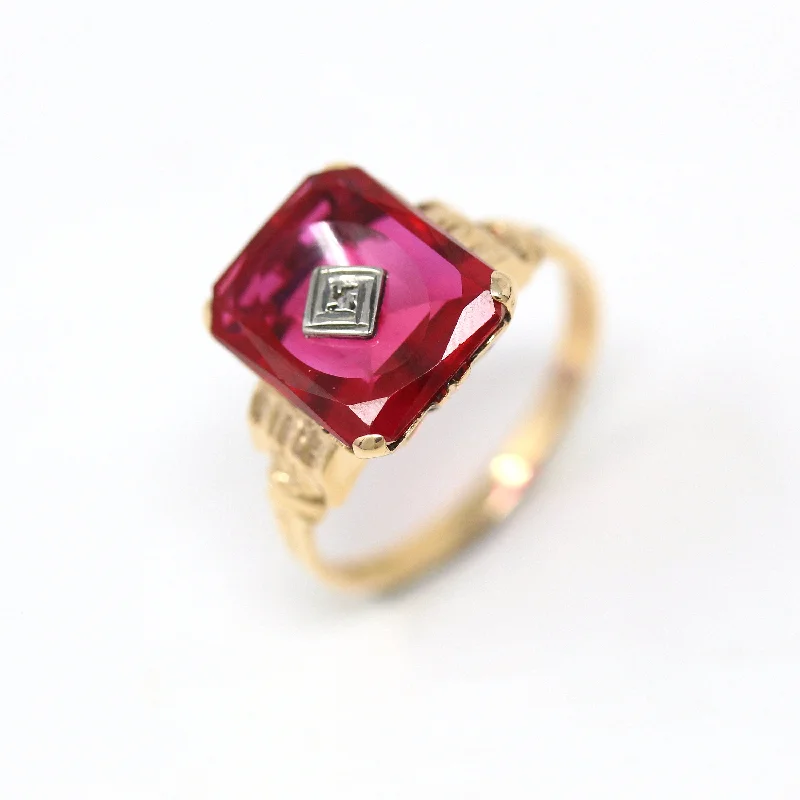 Modern ruby ring-Vintage Created Ruby Ring - Retro 10k Yellow Gold Genuine Diamond July Birthstone Statement - Circa 1940s Era Size 6 1/4 Statement Jewelry