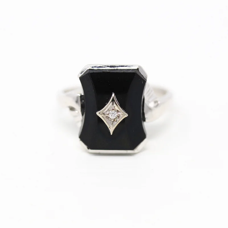 Polished rose ring-Vintage Onyx Ring - Mid Century 10k White Gold Genuine Diamond & Black Gem Statement - Circa 1950s Era Size 5.25 Gemstone Fine Jewelry