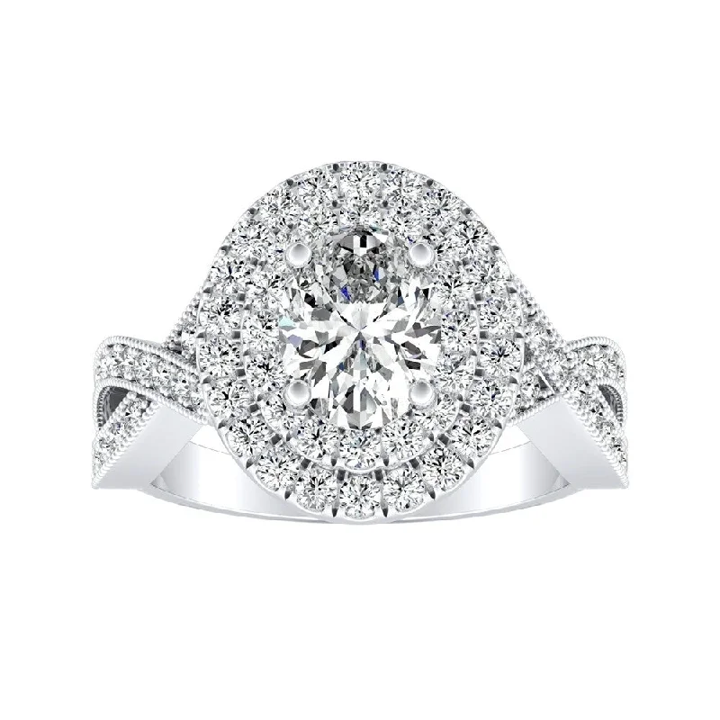 Petal-shaped ring-Vintage Oval-cut 1 3/8ctw Double Halo Diamond Engagement Ring Platinum by Auriya