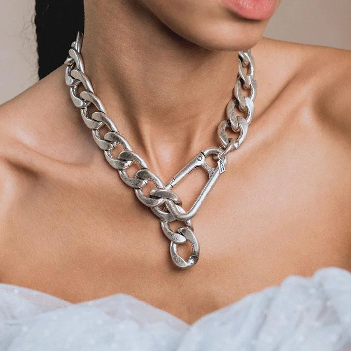 Sculpted silver necklace-XX. Chunky Curb Chain & Carabiner Clasp Necklace - Silver