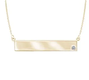 Glittering diamond necklace-Yellow Gold Plated Engraveable Horizontal Bar Necklace with Bezel Set Cubic Zirconia Accent