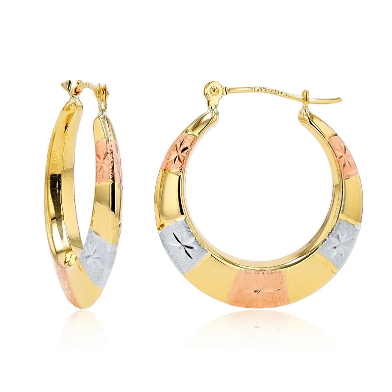 Three-stone earrings-10KT Gold Tri-Color 3.6X23MM Diamond-cut Hoop Earrings