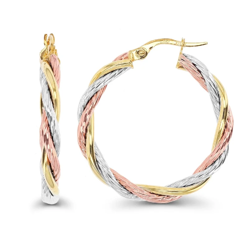 Satin gold earrings-10KT Gold Tri-Color 30X3MM Hoop Earrings