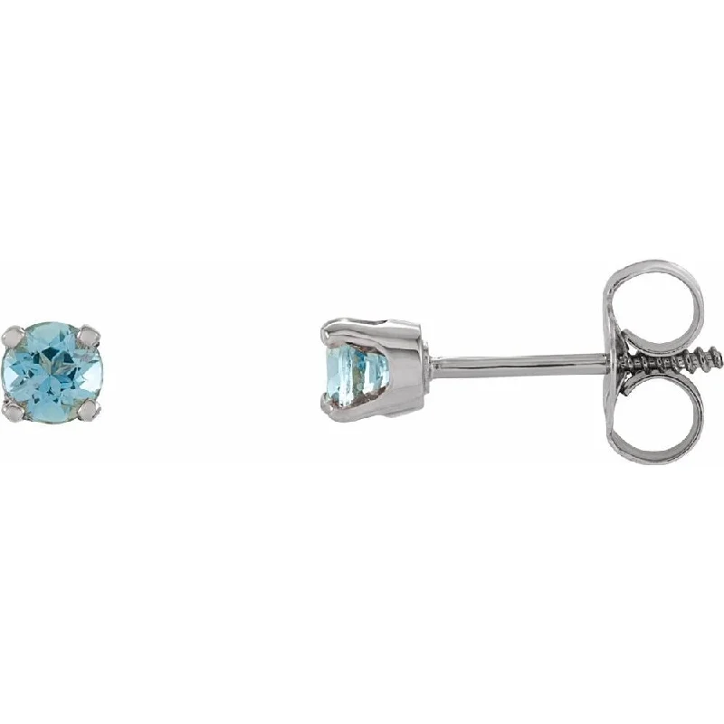 Satin gold earrings-14k White Gold 3 mm Round Imitation Aquamarine Youth Birthstone Stud Earring for Women