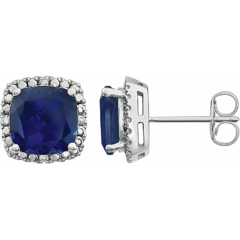 Pear-shaped earrings-14k White Gold Created Blue Sapphire & .06 CTW Diamond Stud Earring for Women