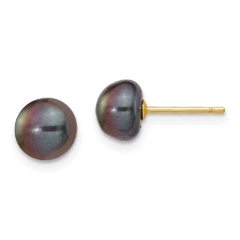 Hexagonal stud earrings-14k Yellow Gold Black Button Cultured Pearl Stud Earrings (L-7 mm, W-8 mm)