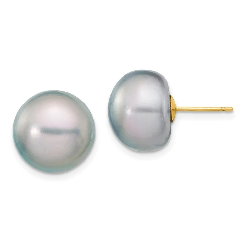 Subtle silver earrings-14k Yellow Gold Grey Button Cultured Pearl Stud Earrings (L-12 mm, W-13 mm)