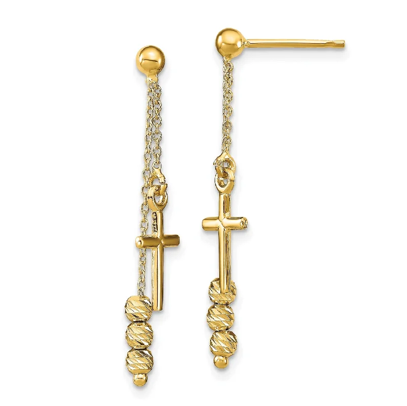 Oval gem earrings-14KT Yellow Gold 32X7MM Diamond-cut Cross Beaded Dangling Earrings