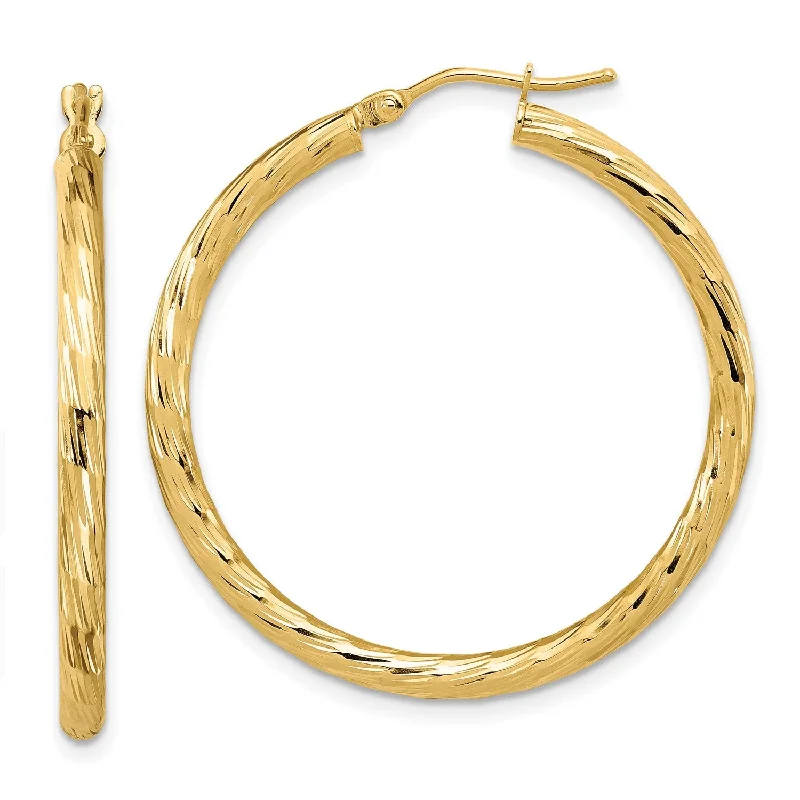 Modern dangle earrings-14KT Yellow Gold 35X33MM Diamond-cut Hoop Earrings