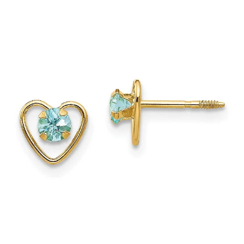 Sunken stone earrings-14KT Yellow Gold 3MM Round Aquamarine 6MM Heart Childrens Birthstone Earrings