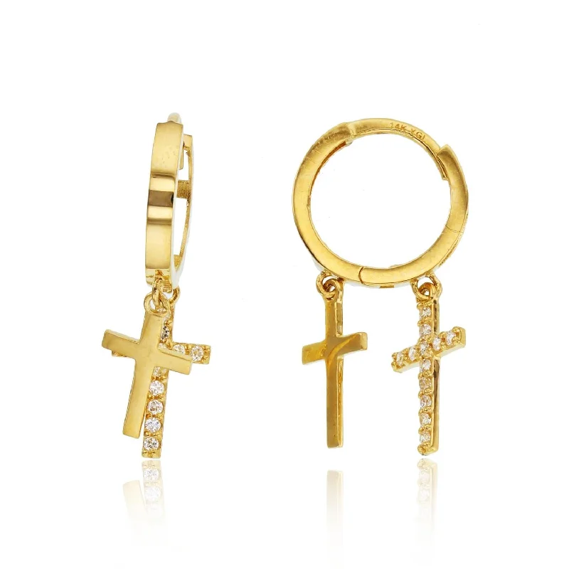 Crisscross earrings-14KT Yellow Gold Cubic Zirconia Drop & Dangle Cross Huggie Earrings