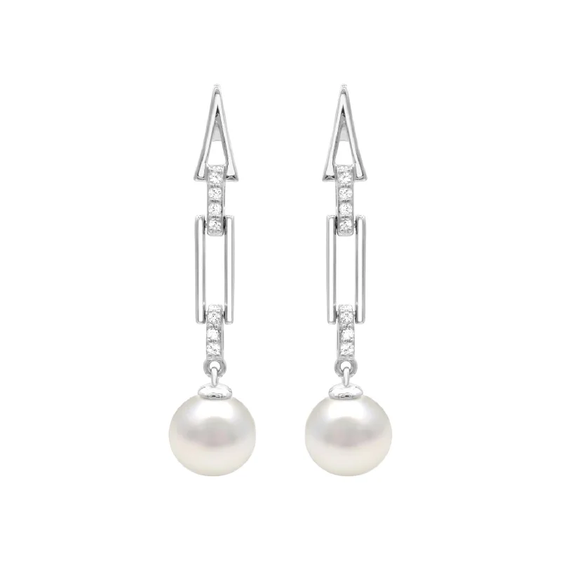 Textured silver earrings-8.5X9MM Round Pearl and White Sapphire Drop & Dangle Earrings in Sterling Silver