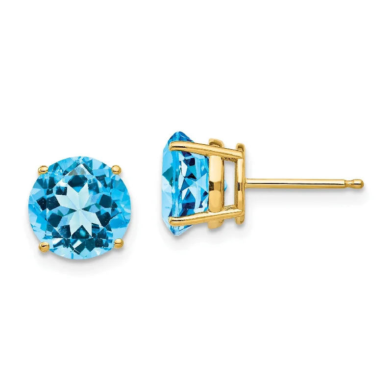 Stacking birthstone earrings-8MM Round Swiss Blue Topaz Stud Earrings in 14KT Yellow Gold