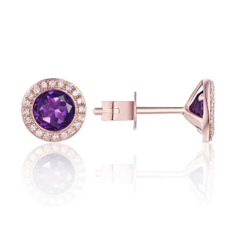 Polished stone earrings-Amethyst & Diamond Halo 14K Rose Gold Martini Stud Earrings