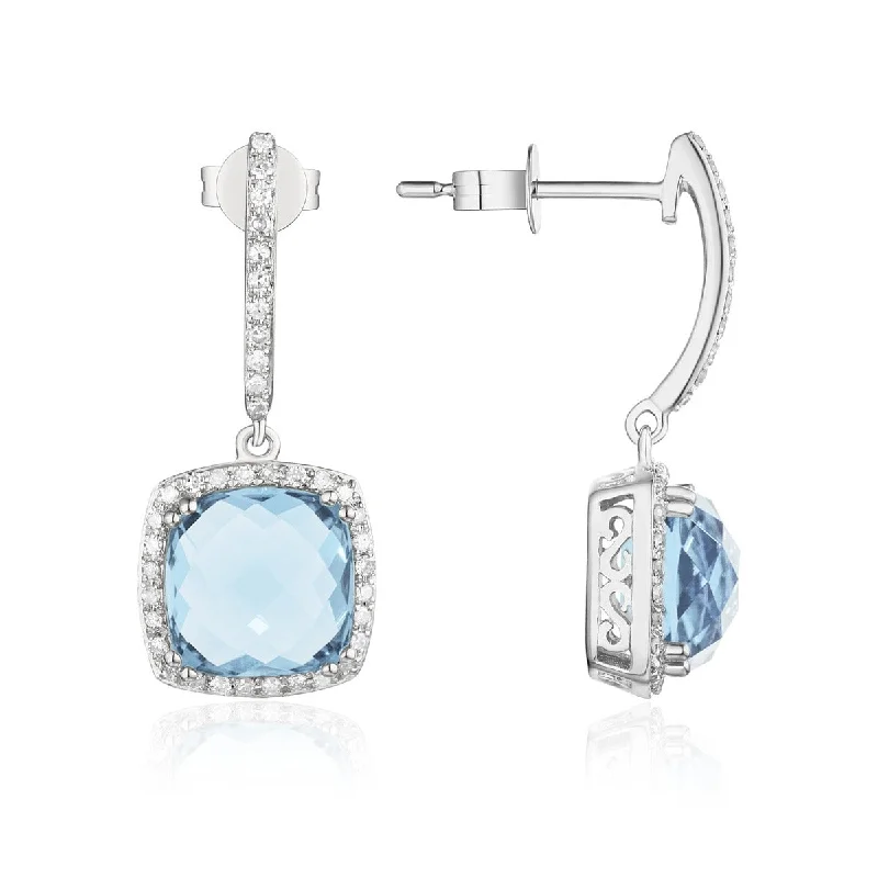 Chevron gem earrings-Blue Topaz & Diamond 14K White Gold Cushion Drop Earrings